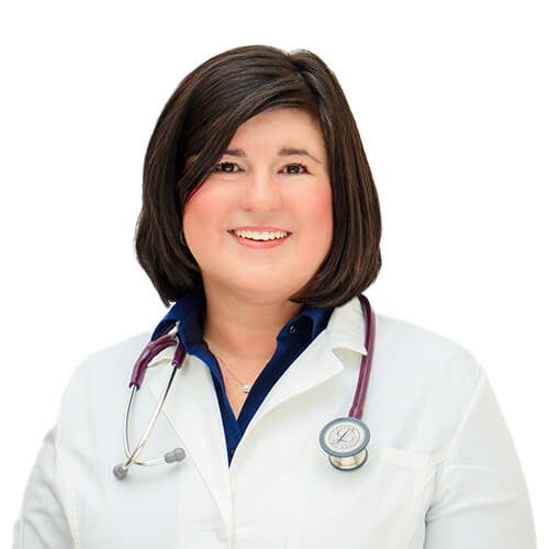 A headshot of Teresa Novak, APRN. She is a caucasian woman with dark hair, wearing a white lab coat and a stethoscope around her neck.