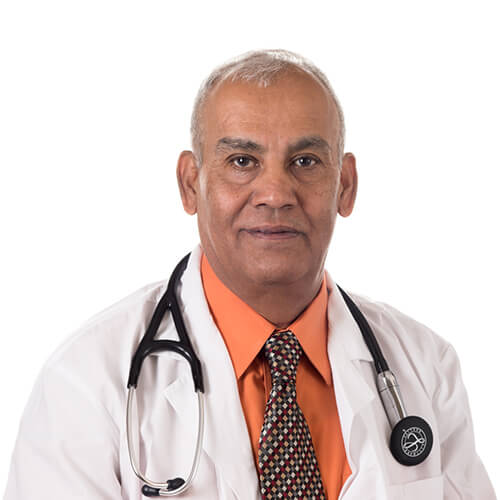 A headshot of Dr. Hanimi Challa. He is wearing an orange dress shirt with a tie, along with a white lab coat and a stethoscope.