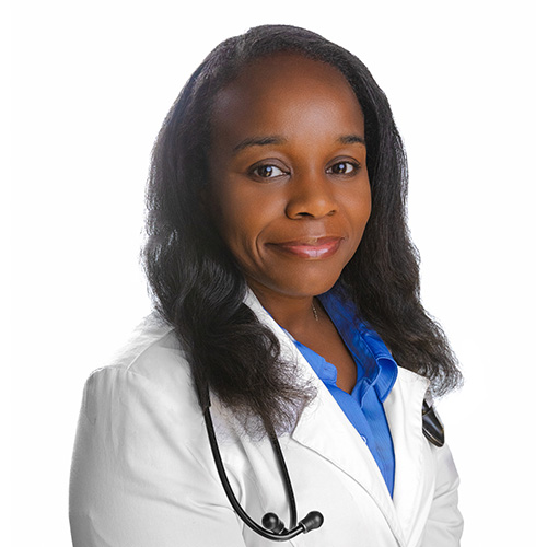 A headshot of Marie Vilmont-Rhea, APRN. She has long black hair and is wearing a blue shirt with a white coat and a stethoscope around her neck.