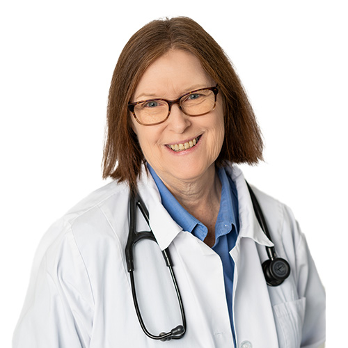 A headshot of Katherine Stanley, APRN. She is wearing a blue shirt, white coat, and has a stethoscope around her neck.